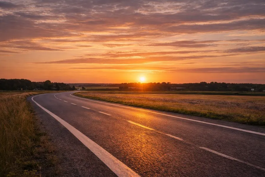 Tom landsväg mot solnedgång