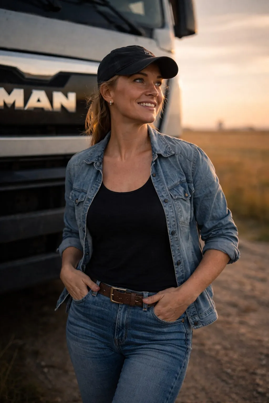 Kvinnlig åkeriägare framför MAN-lastbil i solnedgång