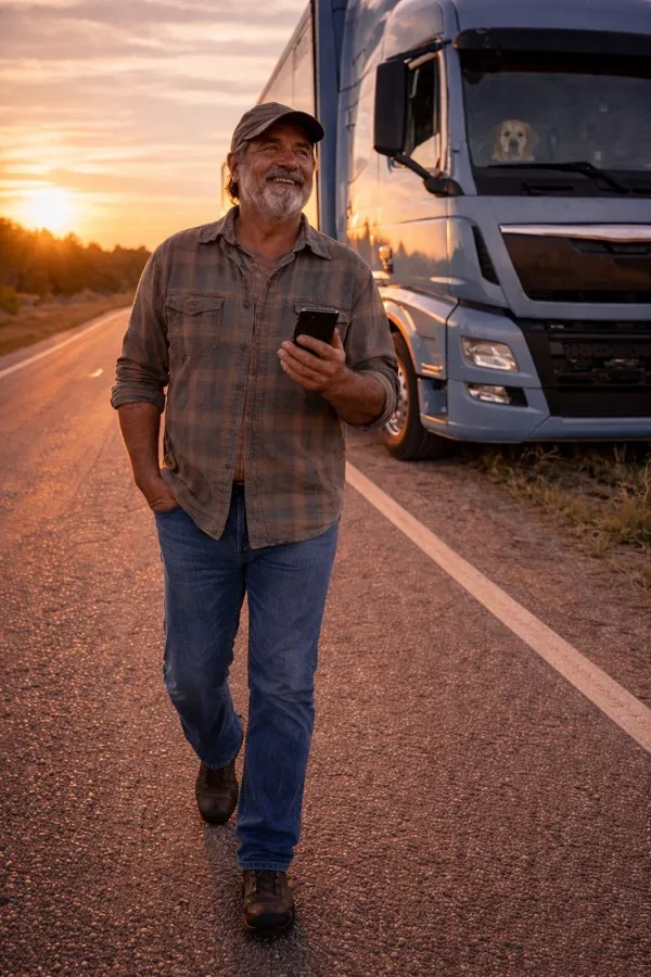 Förare med telefon framför lastbil vid solnedgång