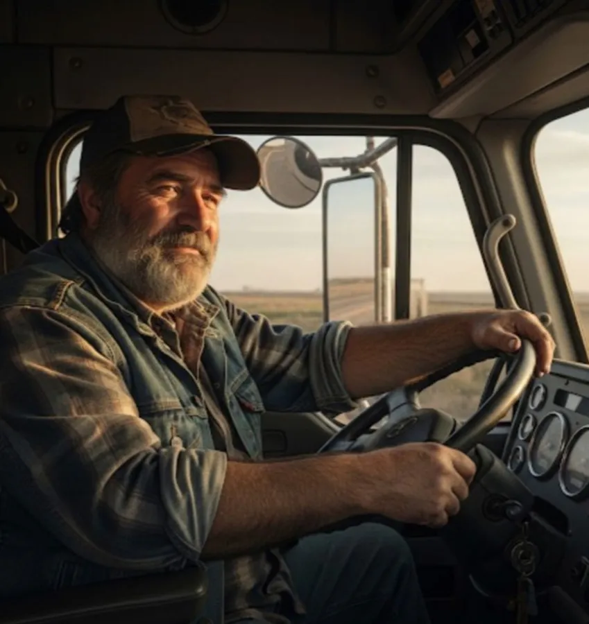 Förare i lastbilshytt med surfplatta