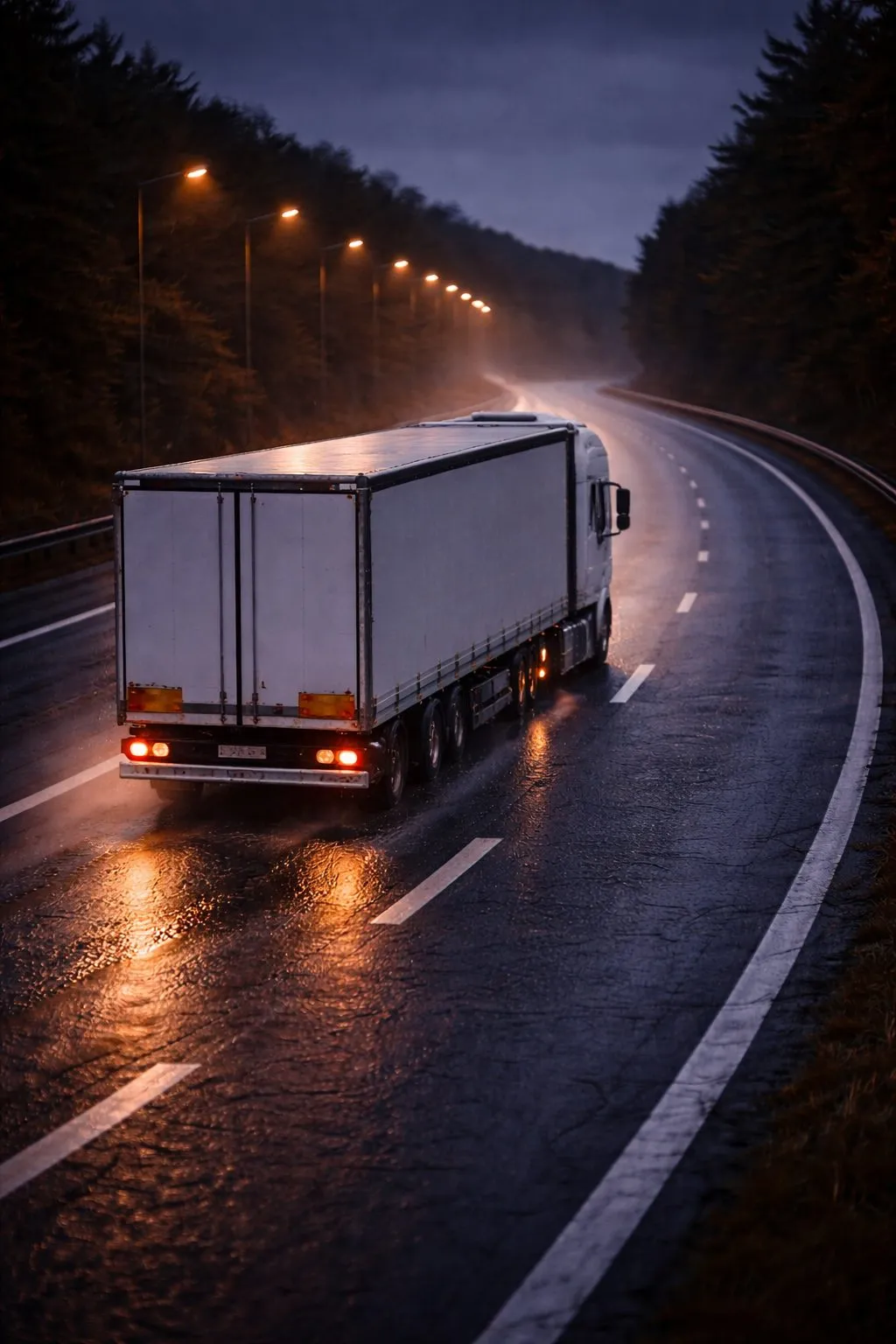 Lastbil på våt motorväg på natten