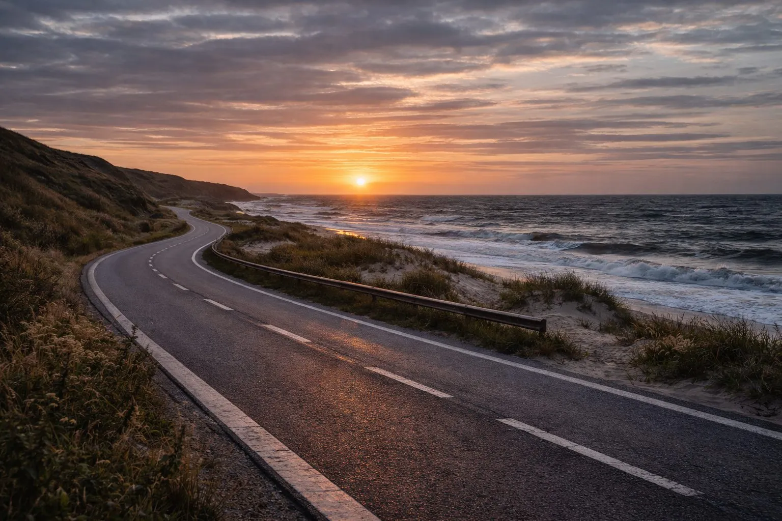 Slingrande kustväg vid solnedgång