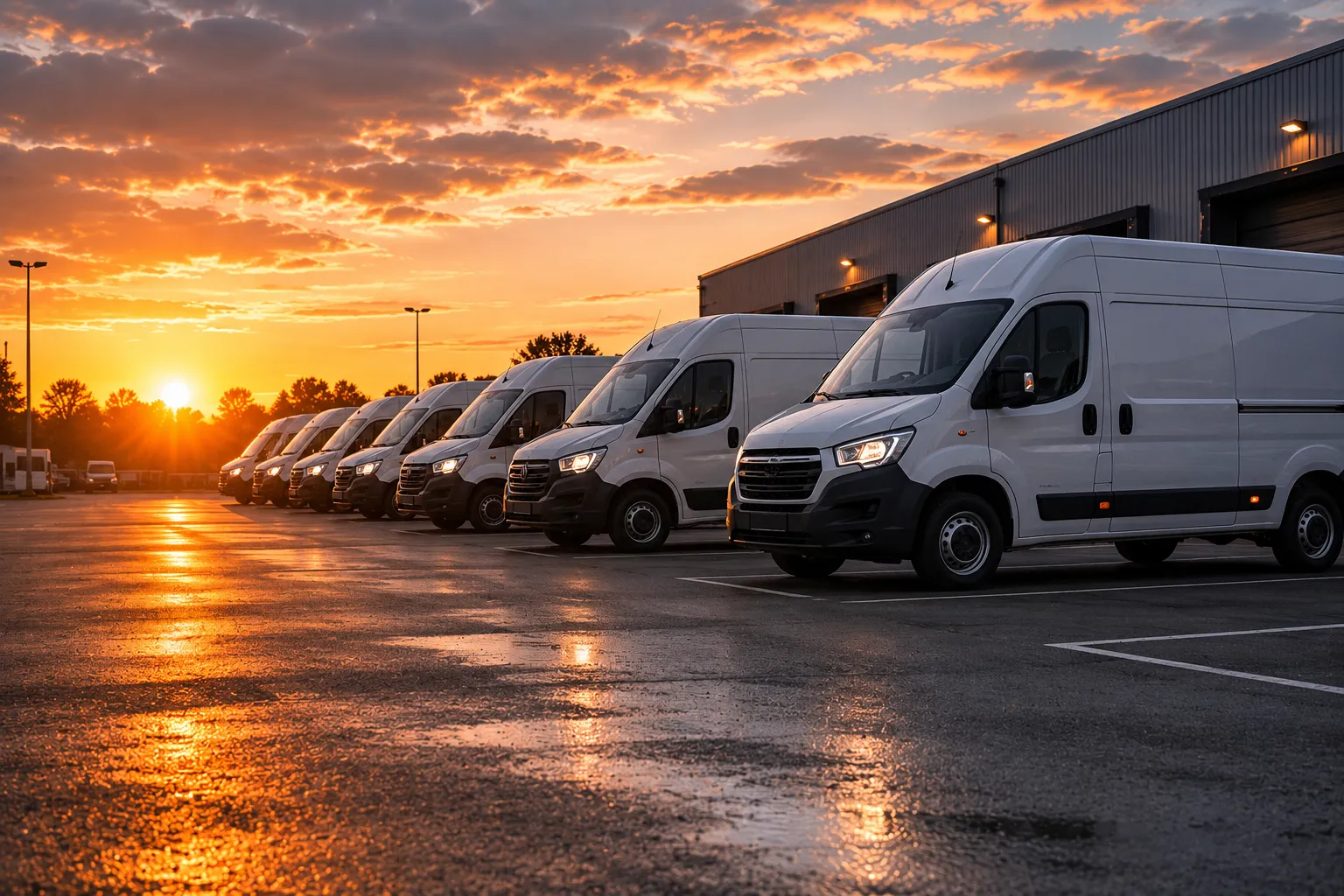 Hvide varebiler parkeret ved solnedgang